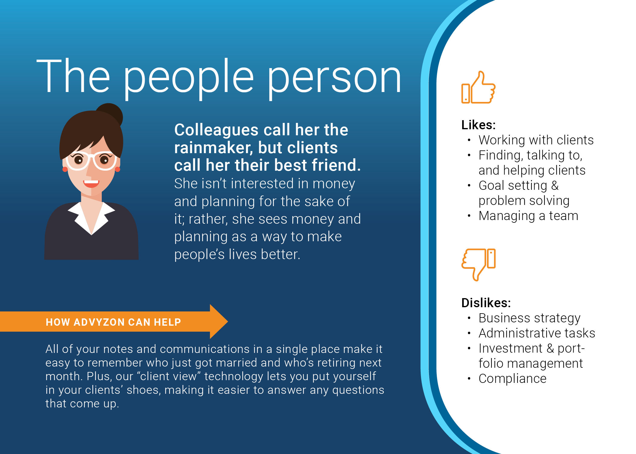 The people person
Colleagues call her the rainmaker, but clients call her their best friend. She isn’t interested in money and planning for the sake of it; rather, she sees money and planning as a way to make people’s lives better.  
Likes:
    • Working with clients
    • Finding, talking to, and helping clients
    • Goal setting & problem solving
    • Managing a team
Dislikes:
    • Business strategy
    • Administrative tasks
    • Investment & portfolio management
    • Compliance
How Advyzon can help
All of your notes and communications in a single place make it easy to remember who just got married and who’s retiring next month. Plus, our “client view” technology lets you put yourself in your clients’ shoes, making it easier to answer any questions that come up.